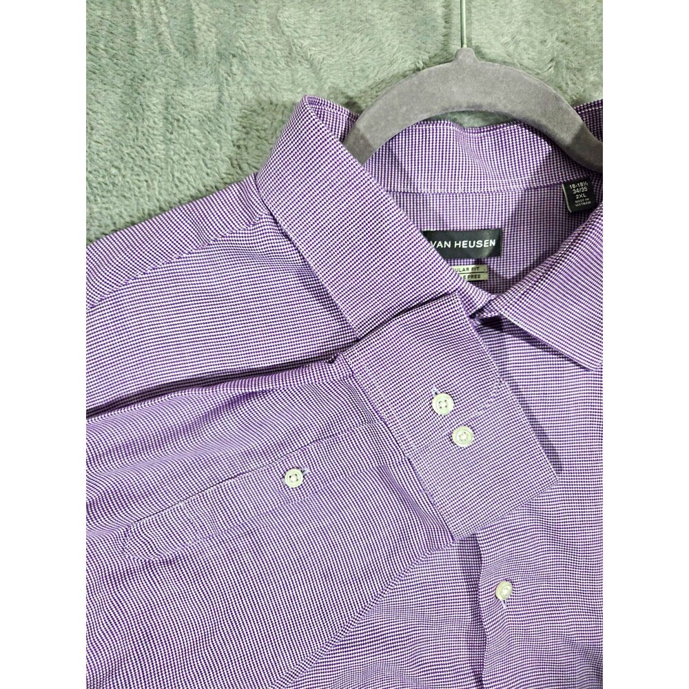 Van Heusen 2XL Regular Fit Wrinkle Free Dress Shirt Purple Check 18-18.5 34/35